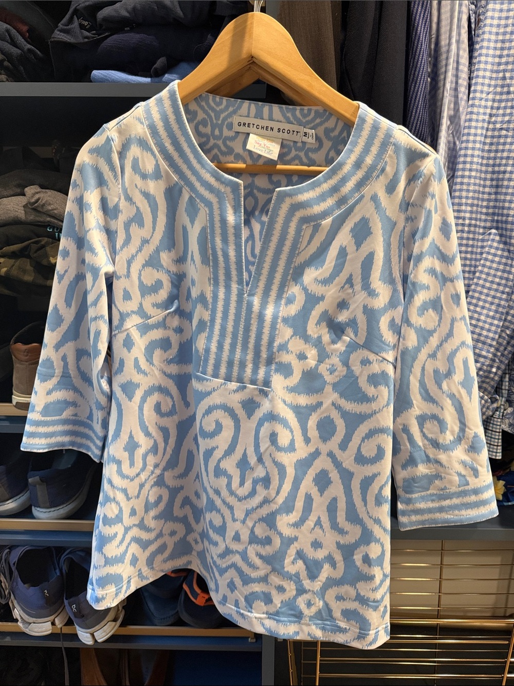 Gretchen Scott Designs Light Blue & White Patterned Tunic Top